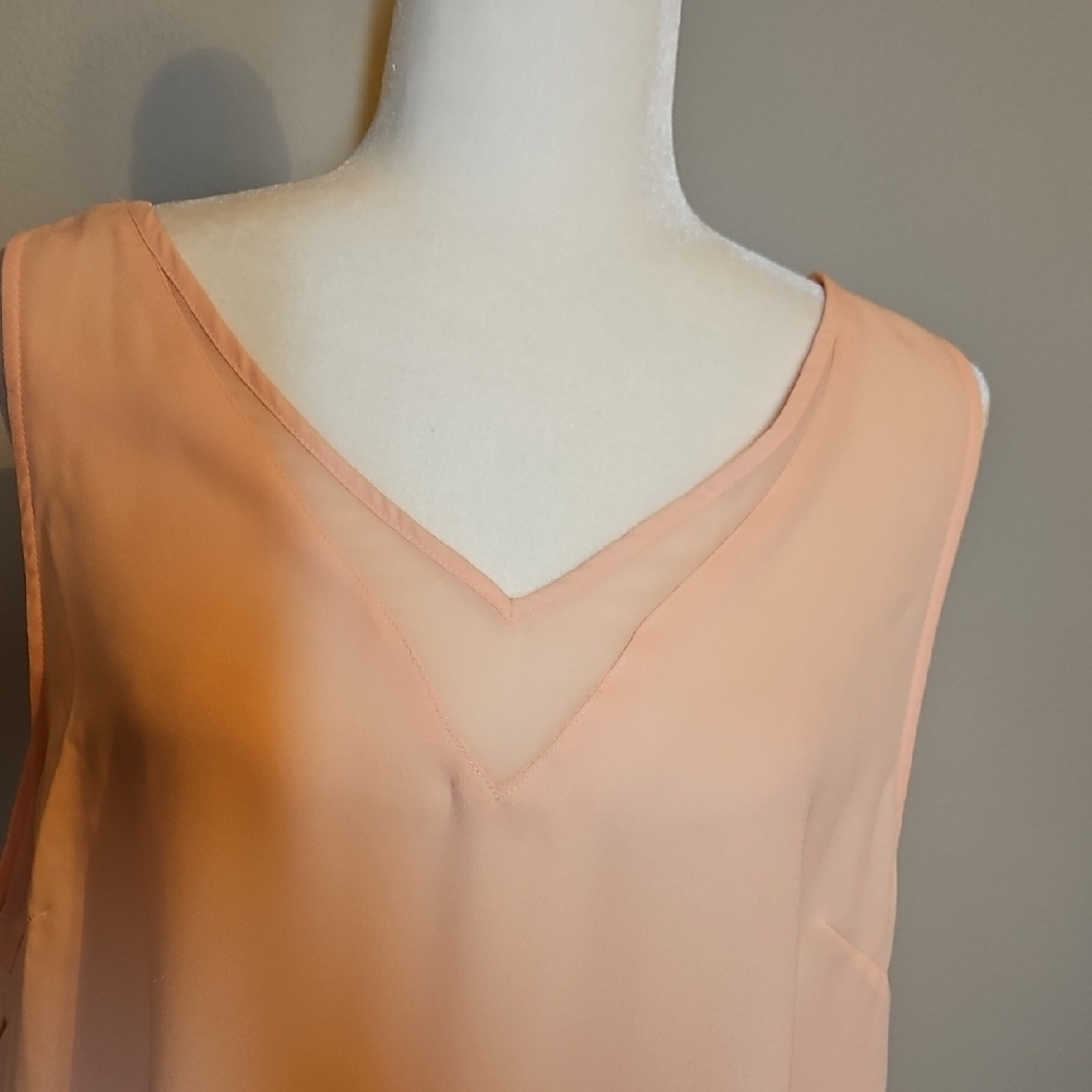 ​Maurices Peach Sleeveless V-Neck Top with Mesh Inset Trim - Picture 2 of 5